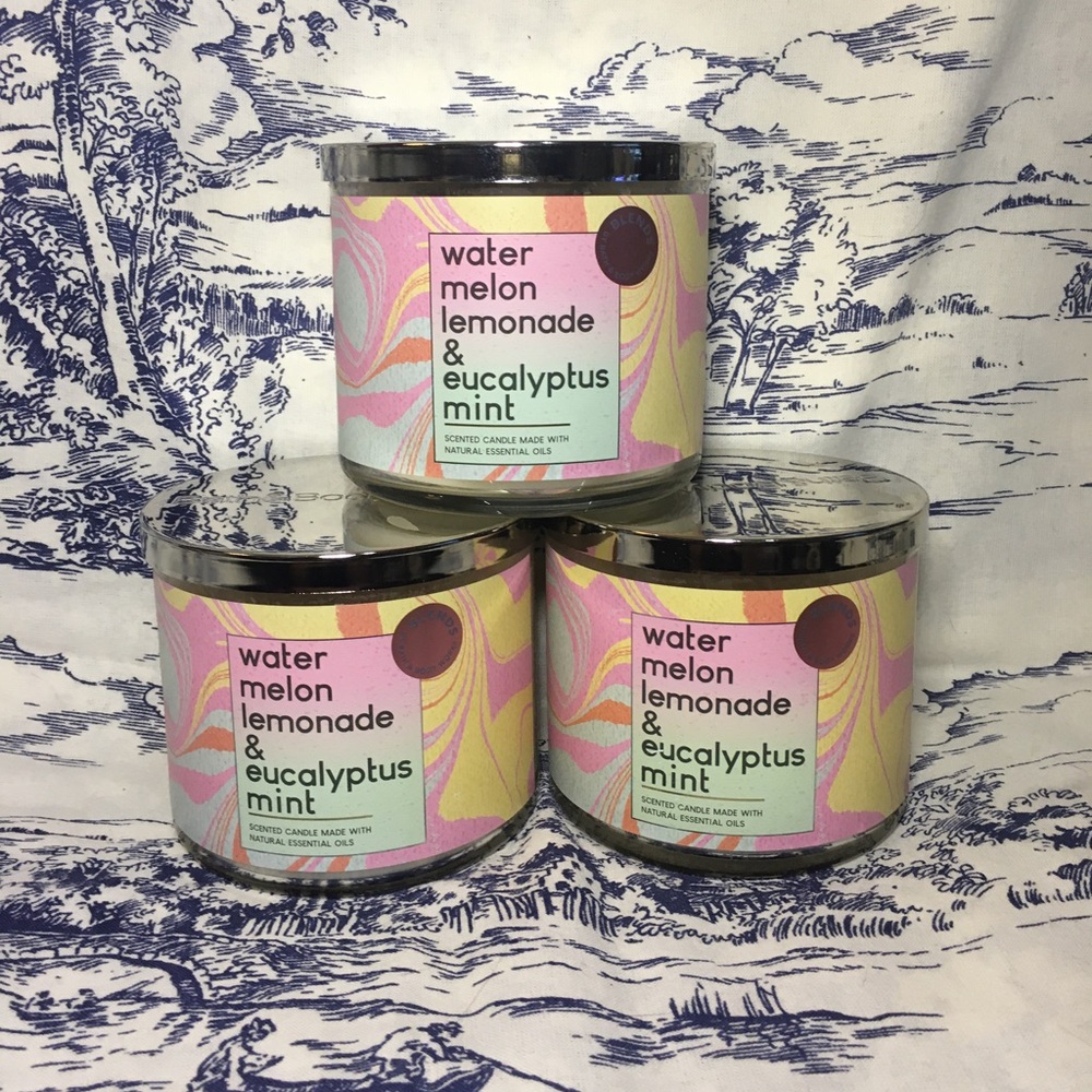 Three (3) Bath & Body Works 3 wick Candles watermelon lemonade & eucalyptus mint